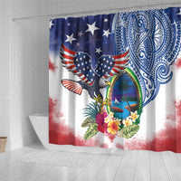 Guam and United States Together Shower Curtain Bald Eagle and Guam Seal with Flower and Tribal Tattoos - Polynesian Pride