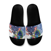 Guam and United States Together Slide Sandals Bald Eagle and Guam Seal with Flower and Tribal Tattoos - Polynesian Pride