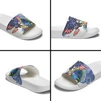 Guam and United States Together Slide Sandals Bald Eagle and Guam Seal with Flower and Tribal Tattoos - Polynesian Pride