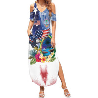 Guam and United States Together Summer Maxi Dress Bald Eagle and Guam Seal with Flower and Tribal Tattoos - Polynesian Pride