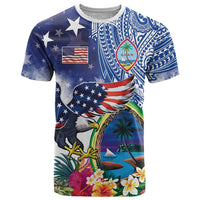 Guam and United States Together T Shirt Bald Eagle and Guam Seal with Flower and Tribal Tattoos - Polynesian Pride