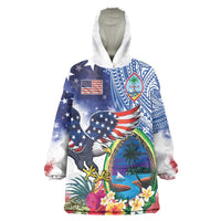 Guam and United States Together Wearable Blanket Hoodie Bald Eagle and Guam Seal with Flower and Tribal Tattoos - Polynesian Pride
