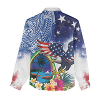Guam and United States Together Women Casual Shirt Bald Eagle and Guam Seal with Flower and Tribal Tattoos - Polynesian Pride