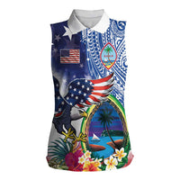 Guam and United States Together Women Sleeveless Polo Shirt Bald Eagle and Guam Seal with Flower and Tribal Tattoos - Polynesian Pride