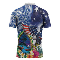 Guam and United States Together Zipper Polo Shirt Bald Eagle and Guam Seal with Flower and Tribal Tattoos - undefined