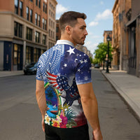 Guam and United States Together Zipper Polo Shirt Bald Eagle and Guam Seal with Flower and Tribal Tattoos - undefined