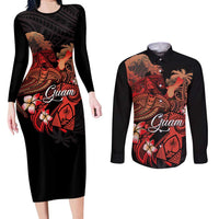 Guam Tribal Chamorro Couples Matching Long Sleeve Bodycon Dress and Long Sleeve Button Shirt Polynesian Shark with Plumeria and Sea Vibe - Polynesian Pride