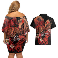 Guam Tribal Chamorro Couples Matching Off Shoulder Short Dress and Hawaiian Shirt Polynesian Shark with Plumeria and Sea Vibe - Polynesian Pride