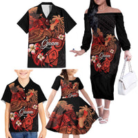 Guam Tribal Chamorro Family Matching Off The Shoulder Long Sleeve Dress and Hawaiian Shirt Polynesian Shark with Plumeria and Sea Vibe - Polynesian Pride