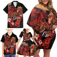 Guam Tribal Chamorro Family Matching Off Shoulder Short Dress and Hawaiian Shirt Polynesian Shark with Plumeria and Sea Vibe - Polynesian Pride