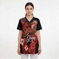 Guam Tribal Chamorro Scrub Top Polynesian Shark with Plumeria and Sea Vibe - Polynesian Pride