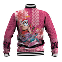 Hawaii Mele Kalikimaka Baseball Jacket Funny Santa with Tribal Tattoos Kakau Pink Color - Polynesian Pride