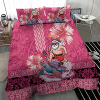 Hawaii Mele Kalikimaka Bedding Set Funny Santa with Tribal Tattoos Kakau Pink Color - Polynesian Pride