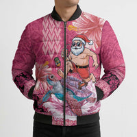 Hawaii Mele Kalikimaka Bomber Puffer Jacket Funny Santa with Tribal Tattoos Kakau Pink Color - Polynesian Pride