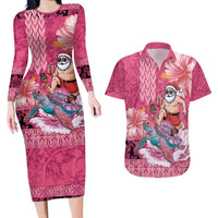 Hawaii Mele Kalikimaka Couples Matching Long Sleeve Bodycon Dress and Hawaiian Shirt Funny Santa with Tribal Tattoos Kakau Pink Color - Polynesian Pride
