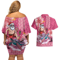 Hawaii Mele Kalikimaka Couples Matching Off Shoulder Short Dress and Hawaiian Shirt Funny Santa with Tribal Tattoos Kakau Pink Color LT03 - Polynesian Pride