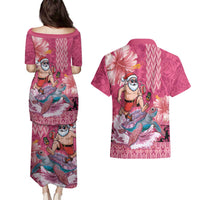Hawaii Mele Kalikimaka Couples Matching Puletasi and Hawaiian Shirt Funny Santa with Tribal Tattoos Kakau Pink Color LT03 - Polynesian Pride
