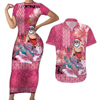 Hawaii Mele Kalikimaka Couples Matching Short Sleeve Bodycon Dress and Hawaiian Shirt Funny Santa with Tribal Tattoos Kakau Pink Color - Polynesian Pride