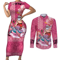 Hawaii Mele Kalikimaka Couples Matching Short Sleeve Bodycon Dress and Long Sleeve Button Shirt Funny Santa with Tribal Tattoos Kakau Pink Color - Polynesian Pride