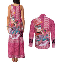 Hawaii Mele Kalikimaka Couples Matching Tank Maxi Dress and Long Sleeve Button Shirt Funny Santa with Tribal Tattoos Kakau Pink Color - Polynesian Pride
