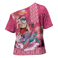 Hawaii Mele Kalikimaka Cross Shoulder Shirt Funny Santa with Tribal Tattoos Kakau Pink Color - Polynesian Pride