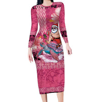 Hawaii Mele Kalikimaka Family Matching Long Sleeve Bodycon Dress and Hawaiian Shirt Funny Santa with Tribal Tattoos Kakau Pink Color - Polynesian Pride
