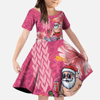 Hawaii Mele Kalikimaka Family Matching Mermaid Dress and Hawaiian Shirt Funny Santa with Tribal Tattoos Kakau Pink Color LT03 Daughter's Dress Pink - Polynesian Pride