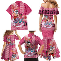 Hawaii Mele Kalikimaka Family Matching Mermaid Dress and Hawaiian Shirt Funny Santa with Tribal Tattoos Kakau Pink Color - Polynesian Pride