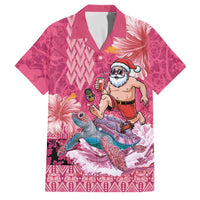 Hawaii Mele Kalikimaka Family Matching Off The Shoulder Long Sleeve Dress and Hawaiian Shirt Funny Santa with Tribal Tattoos Kakau Pink Color LT03 Dad's Shirt - Short Sleeve Pink - Polynesian Pride