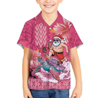 Hawaii Mele Kalikimaka Family Matching Off The Shoulder Long Sleeve Dress and Hawaiian Shirt Funny Santa with Tribal Tattoos Kakau Pink Color LT03 Son's Shirt Pink - Polynesian Pride
