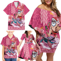 Hawaii Mele Kalikimaka Family Matching Off Shoulder Short Dress and Hawaiian Shirt Funny Santa with Tribal Tattoos Kakau Pink Color - Polynesian Pride
