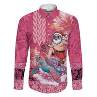 Hawaii Mele Kalikimaka Family Matching Short Sleeve Bodycon Dress and Hawaiian Shirt Funny Santa with Tribal Tattoos Kakau Pink Color LT03 Dad's Shirt - Long Sleeve Pink - Polynesian Pride