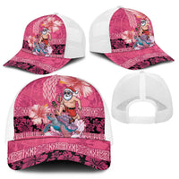 Hawaii Mele Kalikimaka Mesh Trucker Cap Funny Santa with Tribal Tattoos Kakau Pink Color - Polynesian Pride