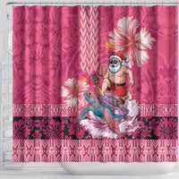 Hawaii Mele Kalikimaka Shower Curtain Funny Santa with Tribal Tattoos Kakau Pink Color - Polynesian Pride