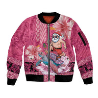Hawaii Mele Kalikimaka Sleeve Zip Bomber Jacket Funny Santa with Tribal Tattoos Kakau Pink Color - Polynesian Pride