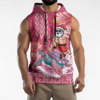 Hawaii Mele Kalikimaka Sleeveless Hoodie Funny Santa with Tribal Tattoos Kakau Pink Color - Polynesian Pride