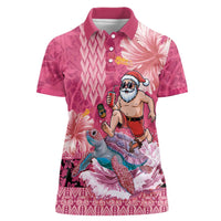 Hawaii Mele Kalikimaka Women Polo Shirt Funny Santa with Tribal Tattoos Kakau Pink Color - Polynesian Pride