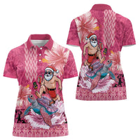 Hawaii Mele Kalikimaka Women Polo Shirt Funny Santa with Tribal Tattoos Kakau Pink Color - Polynesian Pride