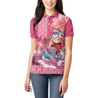 Hawaii Mele Kalikimaka Women Polo Shirt Funny Santa with Tribal Tattoos Kakau Pink Color - Polynesian Pride