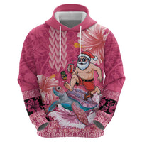 Hawaii Mele Kalikimaka Zip Hoodie Funny Santa with Tribal Tattoos Kakau Pink Color - Polynesian Pride