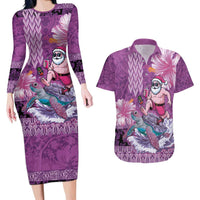 Hawaii Mele Kalikimaka Couples Matching Long Sleeve Bodycon Dress and Hawaiian Shirt Funny Santa with Tribal Tattoos Kakau Purple Color - Polynesian Pride