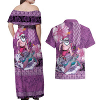 Hawaii Mele Kalikimaka Couples Matching Off Shoulder Maxi Dress and Hawaiian Shirt Funny Santa with Tribal Tattoos Kakau Purple Color - Polynesian Pride