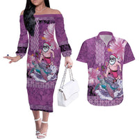 Hawaii Mele Kalikimaka Couples Matching Off The Shoulder Long Sleeve Dress and Hawaiian Shirt Funny Santa with Tribal Tattoos Kakau Purple Color - Polynesian Pride