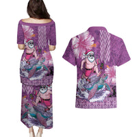 Hawaii Mele Kalikimaka Couples Matching Puletasi and Hawaiian Shirt Funny Santa with Tribal Tattoos Kakau Purple Color - Polynesian Pride