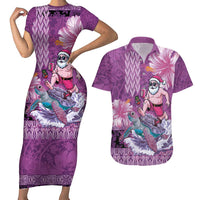 Hawaii Mele Kalikimaka Couples Matching Short Sleeve Bodycon Dress and Hawaiian Shirt Funny Santa with Tribal Tattoos Kakau Purple Color - Polynesian Pride