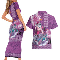 Hawaii Mele Kalikimaka Couples Matching Short Sleeve Bodycon Dress and Hawaiian Shirt Funny Santa with Tribal Tattoos Kakau Purple Color - Polynesian Pride