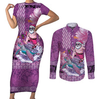 Hawaii Mele Kalikimaka Couples Matching Short Sleeve Bodycon Dress and Long Sleeve Button Shirt Funny Santa with Tribal Tattoos Kakau Purple Color - Polynesian Pride