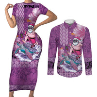 Hawaii Mele Kalikimaka Couples Matching Short Sleeve Bodycon Dress and Long Sleeve Button Shirt Funny Santa with Tribal Tattoos Kakau Purple Color - Polynesian Pride