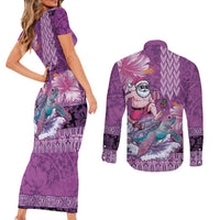 Hawaii Mele Kalikimaka Couples Matching Short Sleeve Bodycon Dress and Long Sleeve Button Shirt Funny Santa with Tribal Tattoos Kakau Purple Color - Polynesian Pride