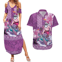 Hawaii Mele Kalikimaka Couples Matching Summer Maxi Dress and Hawaiian Shirt Funny Santa with Tribal Tattoos Kakau Purple Color - Polynesian Pride